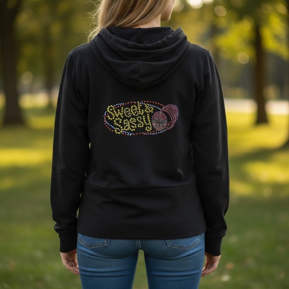 EXPRESS Women’s Large Black SWEET & SASSY Full Zip Hoodie Sweatshirt